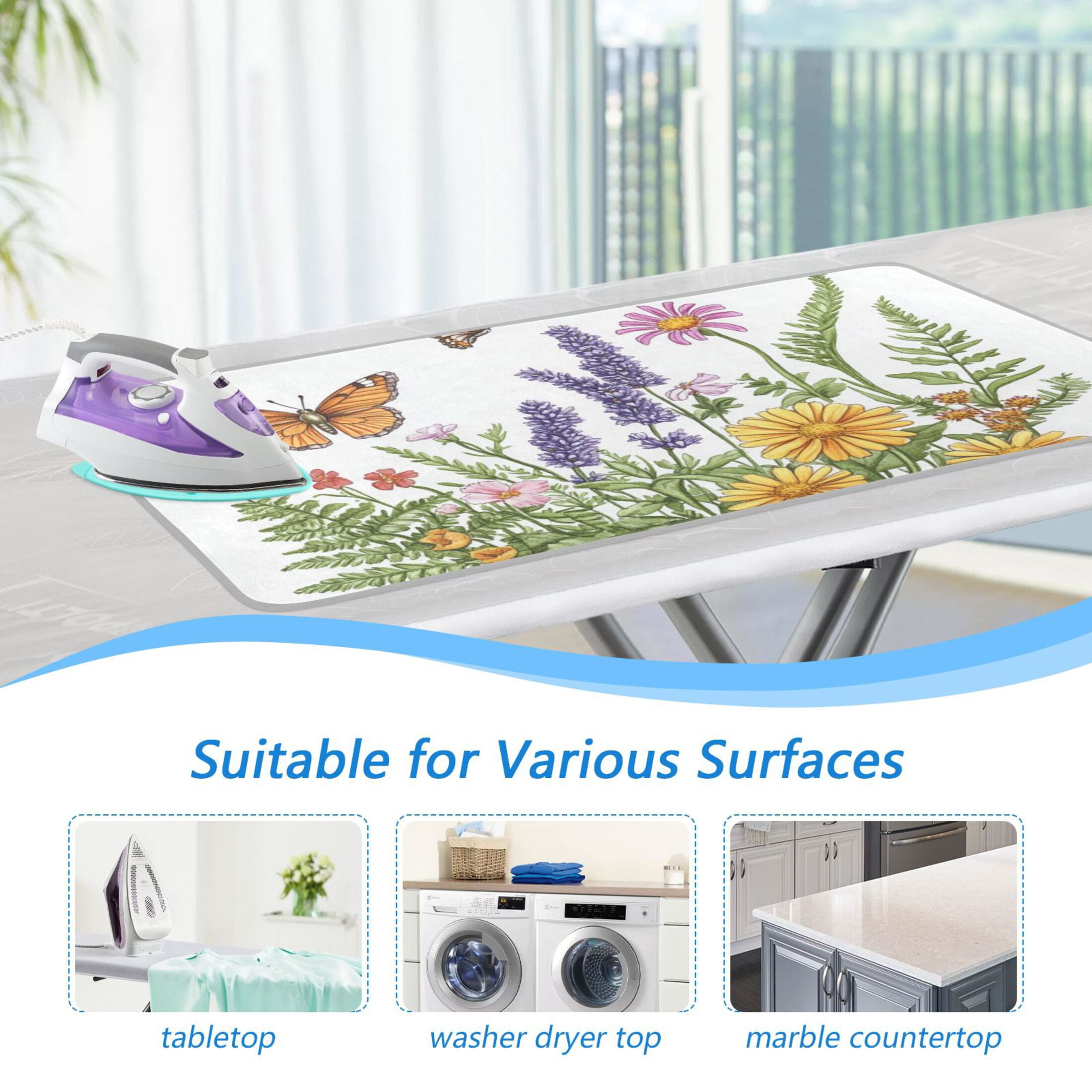 Two Butterflies Flowers Ferns Ironing Mat Blanket Portable Travel Ironing Pad Heat Resistant Pad 47.2" x 27.6”