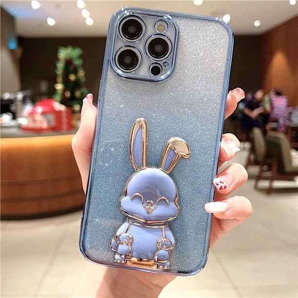 Funda de teléfono con soporte de conejo brillante chapada de lujo para iPhone 11, 12, 13, 14 Pro Max, X, XR, XS, funda suave a prueba de golpes en 7, 8 Plus, SE2 Fivean unisex
