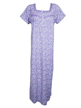 Mogul Women Purple Maxi Kaftan Dress Short Sleeves Floral Print Loose Housedress Nightwear Sleepwear Nightgown Caftan Dresses L