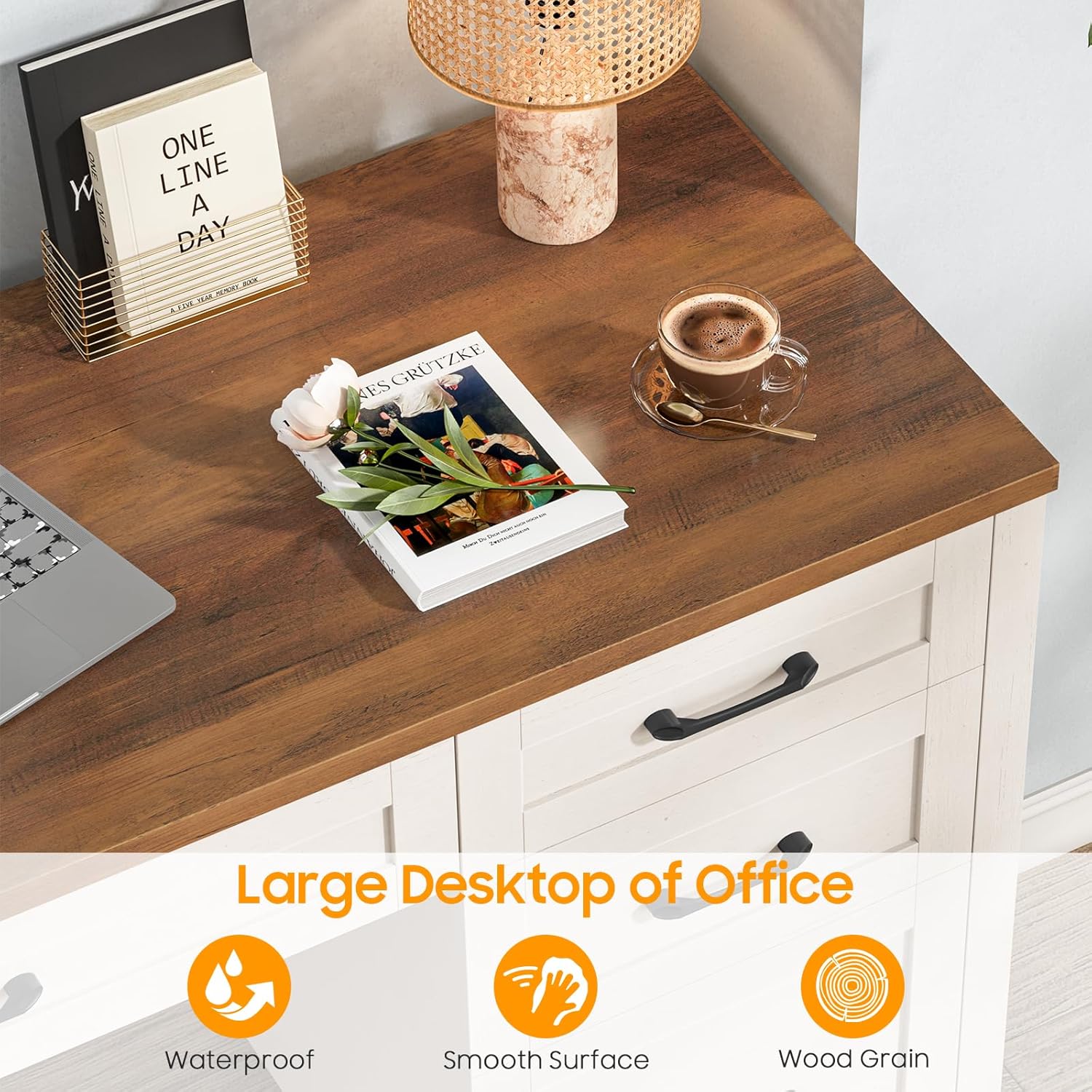 Farmhouse 47" Executive Desk with File Drawer, Wood Computer Desk with 3 Storage Drawers, Workstation for Home Office, Study, Writing(Unique White)