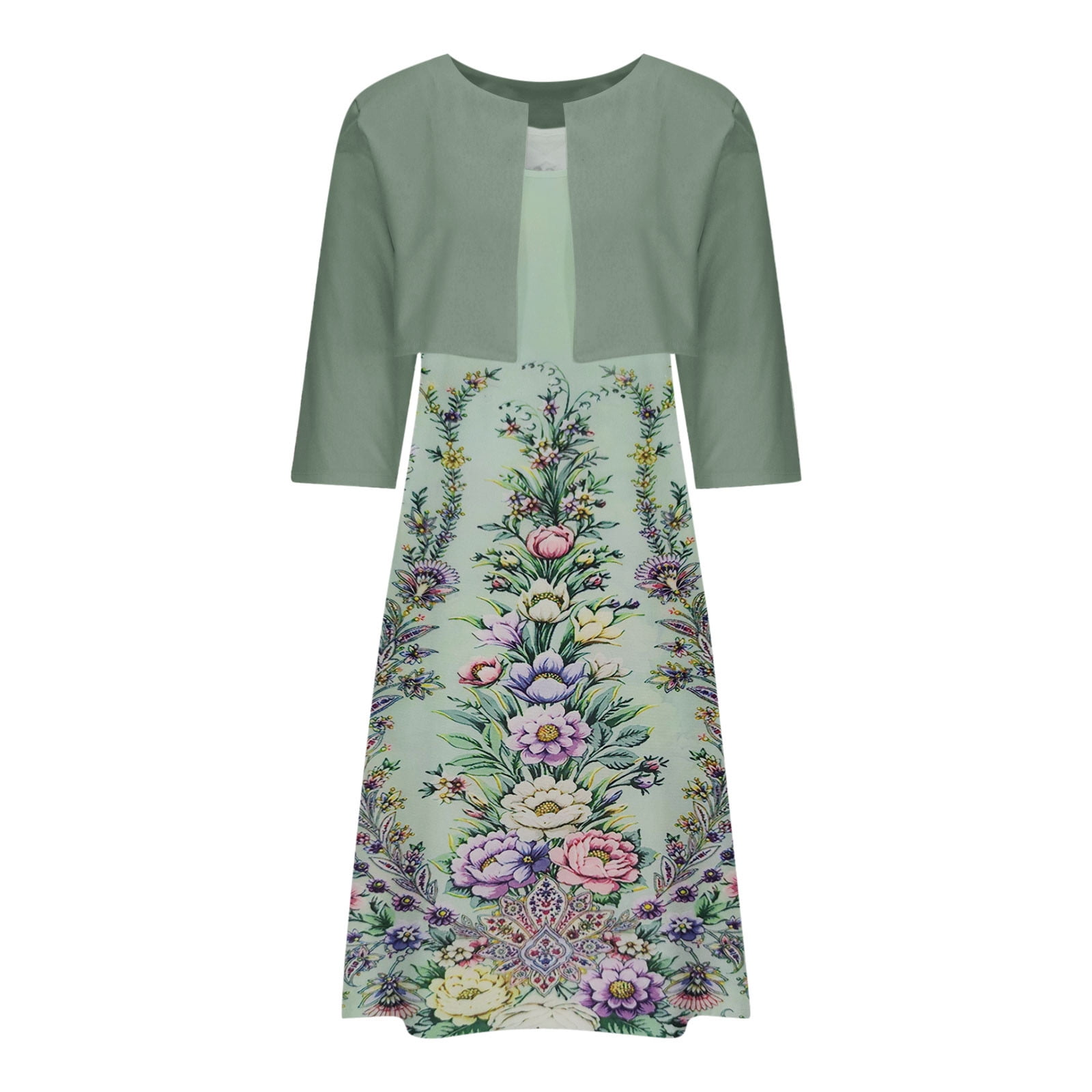 Edvintorg Dress Sets Women's Summer Printed Round Neck Elegant A Line Sling Dress and Half Sleeve Cardigan Tops Set Suit Vacation Two Piece Set