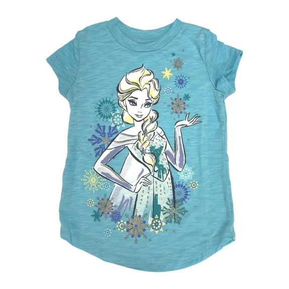 Disney Frozen Girls Blue Glitter Short Sleeve Elsa T-Shirt Shirt 4