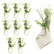 HUIANER 8Pcs Eucalyptus Leaf Napkin Rings with Floral Artificial Green Leaf, Rustic Boho Napkin Ring Holder for Wedding New Year Banquet Birthday Party