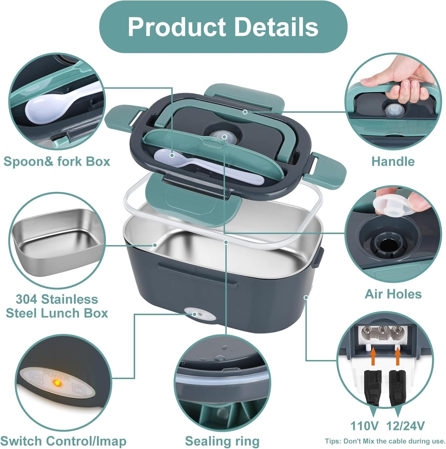 Electric Lunch Box Food Heater 3 in 1 Ultra Quick Heated Boxes for Adults 12V/24V/110V Portable Warmer Car/Truck/Office With Fork Spoon and Insulated Carry Bag