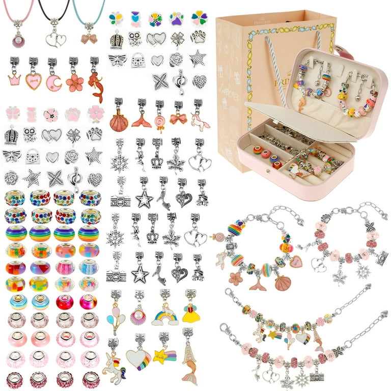 Kyoffiie 134pcs Girls Charm Bracelet Making Kit DIY Beaded Jewelry Making Kit with Snake Bracelets Mermaid Pendants Organizer Box Portable Crafts