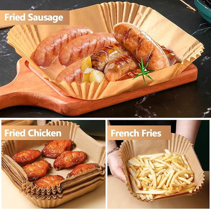 9 Inch Air Fryer Paper Liner Disposable, 200PCS Non-Stick, Oil-Proof & High-Temperature Resistant Square Baking Parchment for Fryer, Microwave and Oven（Bottom Is 8 Inch）