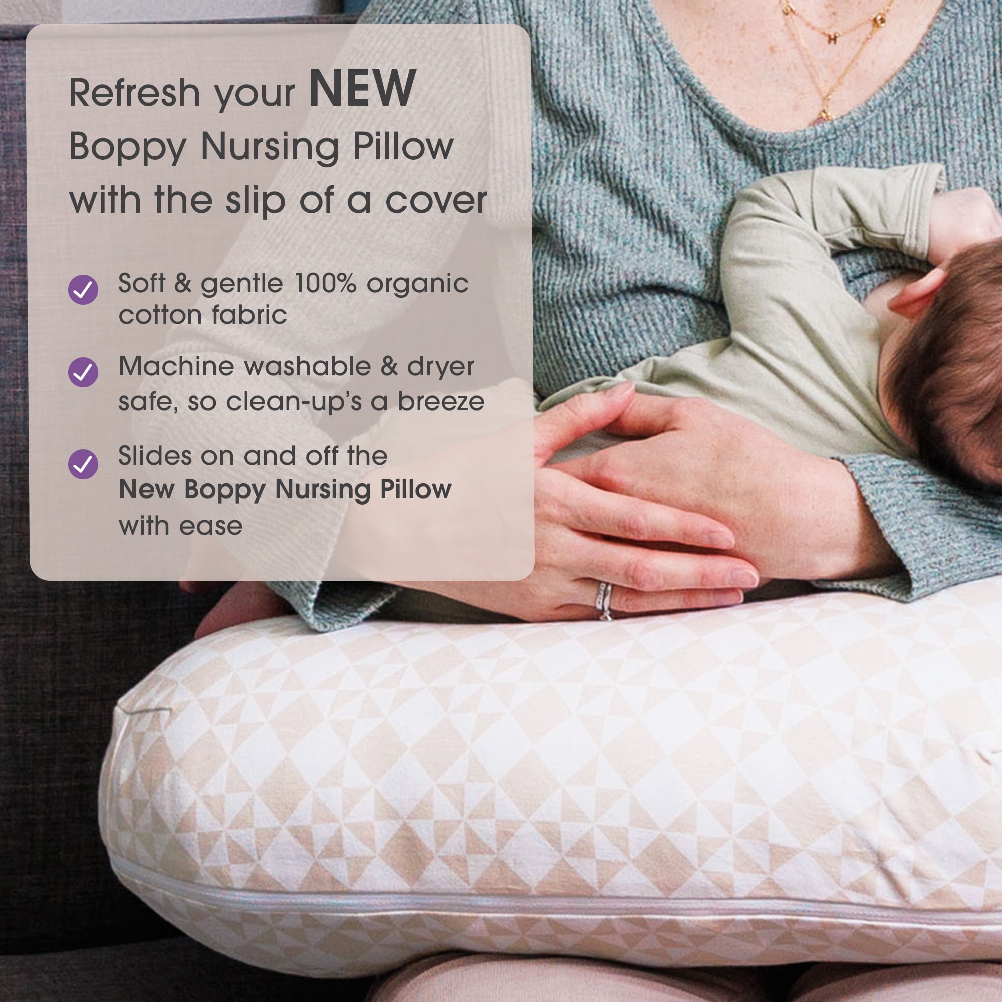 Boppy New Nursing Pillow Organic Cotton Cover, Beige Checkered Quilt