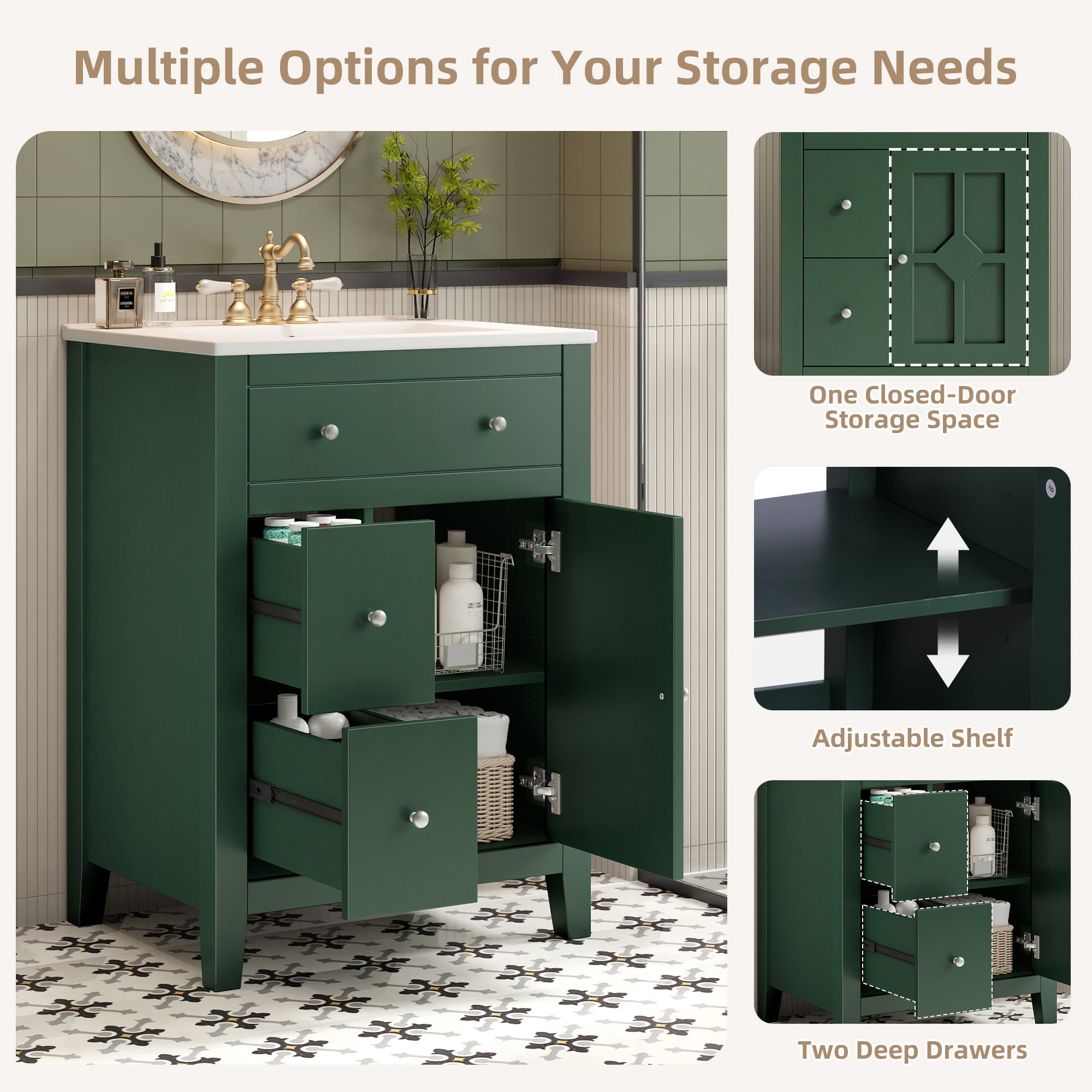Euroco 24" Modern Bathroom Vanity with Ceramic Basin, Restroom Basin Cabinet with 2 Drawers, Small Bathroom Cabinet with Soft-Closing Door