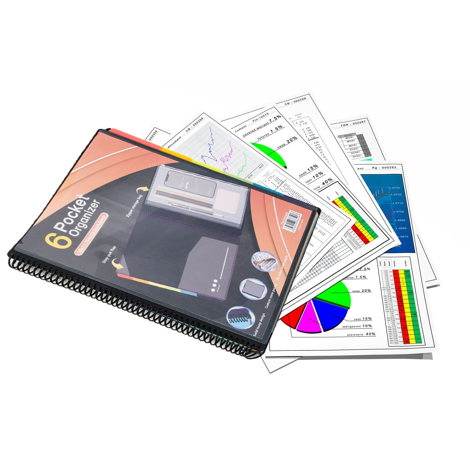 witspace 6/12 Pocket Poly Project Organizer, Round Tab Binder Organizer Spiral Project Folder Multi Pocket Folder Binder with Pockets Letter Size, Back Cover Utility Pouch, School Supplies