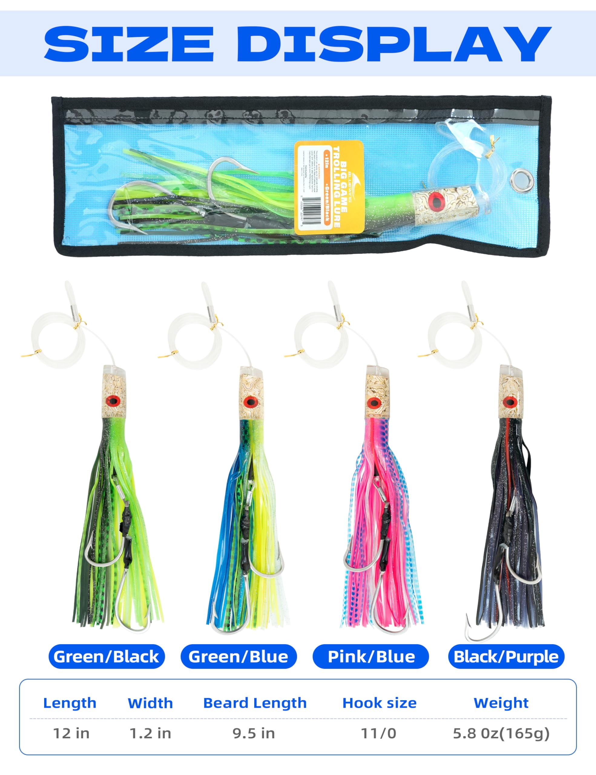 BLUEWING 12in Big Game Trolling Lure with Double Rigged Hookset and 300lb High Strength Fishing Line Saltwater Fishing Lures for Wahoo Tuna Marlin Mahi Mahi Green/Black