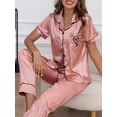 thumbnail image 4 of Conjunto de pijama de satén con patrón de corazón, cómodo top de pijama con botones de manga corta y pantalón de salón para regalos de San Valentín, ropa de dormir y ropa de dormir para mujer, 4 of 4