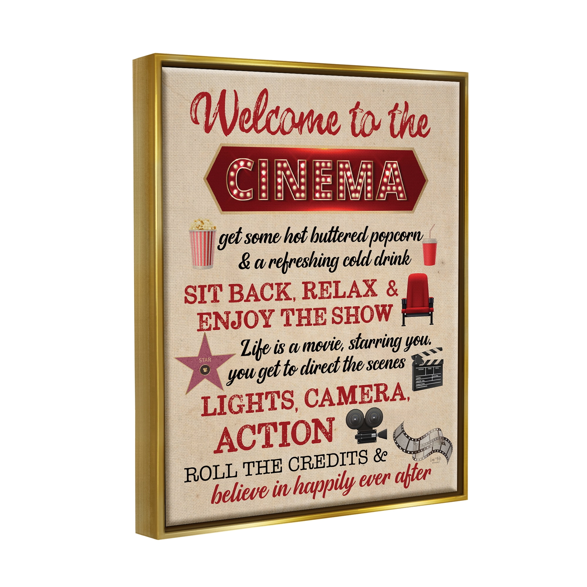 Stupell Industries Welcome to Cinema Rules Beauty & Fashion Painting Gold Floater Framed Art Print Wall Art, 17 x 21