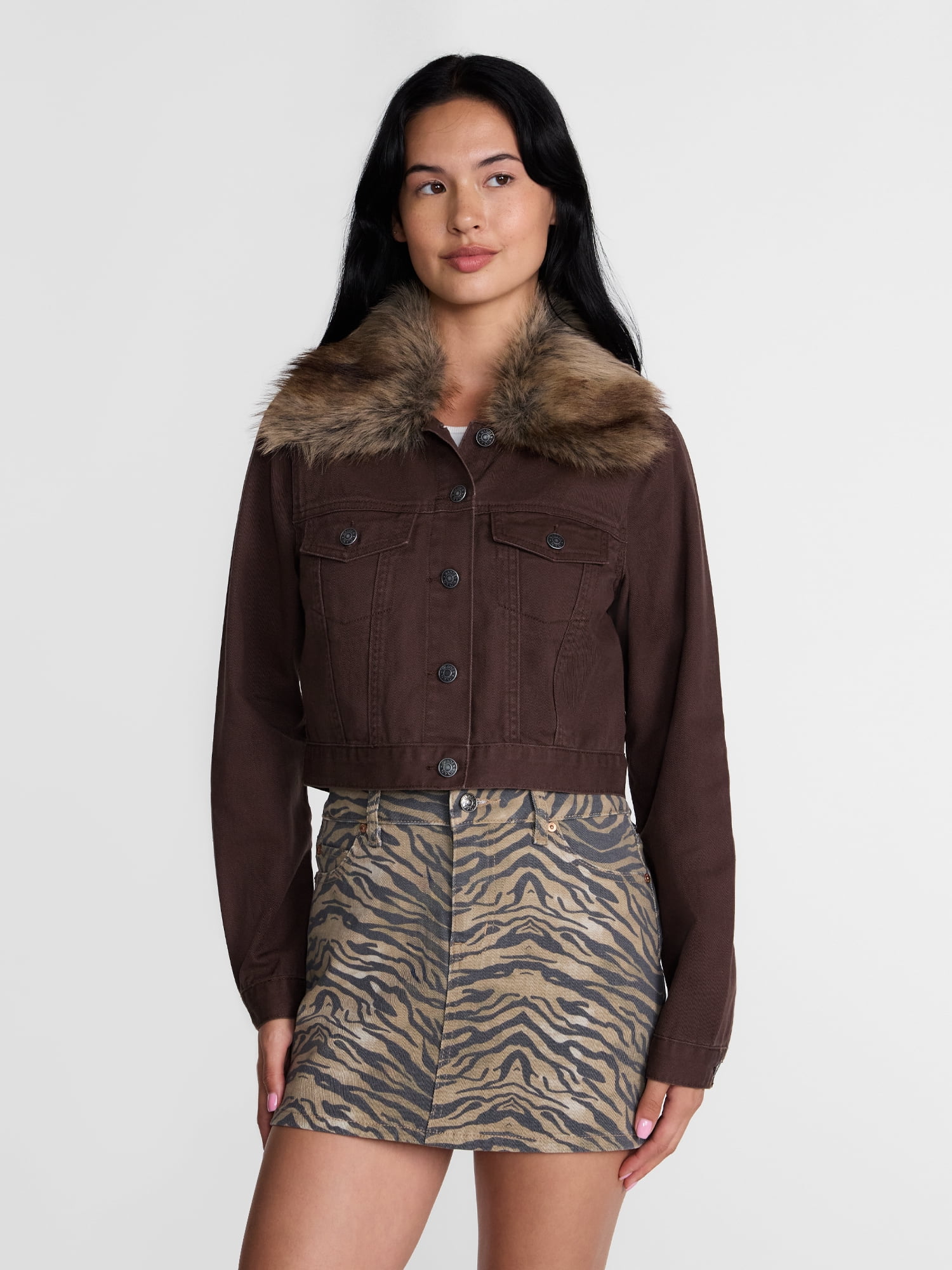 Madden NYC Women's Cropped Denim Jacket with Faux Fur Collar, Sizes XXS-XXL