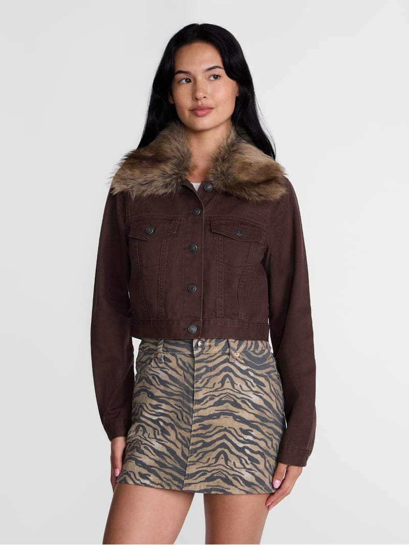 Madden NYC Women's Cropped Denim Jacket with Faux Fur Collar