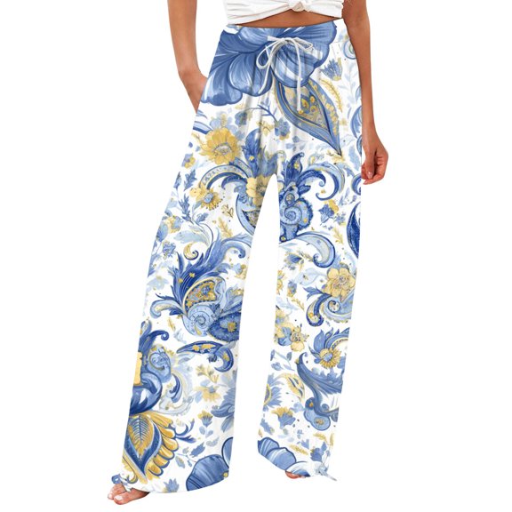 kaondbfi Womens Pants Wide Leg High Waisted Adjustable Trousers with Pockets Casual Lightweight Summer Casual Pants for Women
