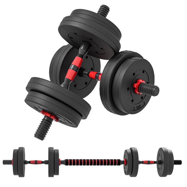 Soozier Ensemble d'Haltères Réglables de 33 Lb pour la Mise en Forme du Corps, Doté d'Un design Deux-en-un Pouvant Servir d'Haltères Ou de Barre. Comprend 8 Plaques de Poids et 3 Tringles, Permettant des configurations de Poids Personnalisables jusqu'à 33 Lb (15 kg). l'Ensemble Est Noir et Rouge avec une Prise Antidérapante pour une Maniabilité Sécuritaire. Convient à Divers Exercices comme les Boucles de Biceps, les squats et les presses, et Idéal pour les gyms à la Maison. Fait de HDPE