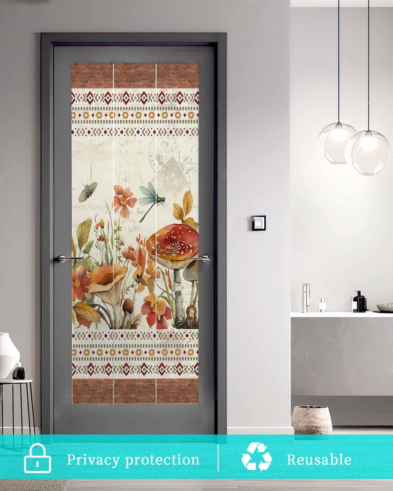 Window Privacy Film Botanical Mushrooms Stained Glass Window Film Decorative Sun Block Window Cover Retro Fall Wild Flowers Farmhouse Window Clings Static Adhesive Sticker for Bathroom 23.6"x59"