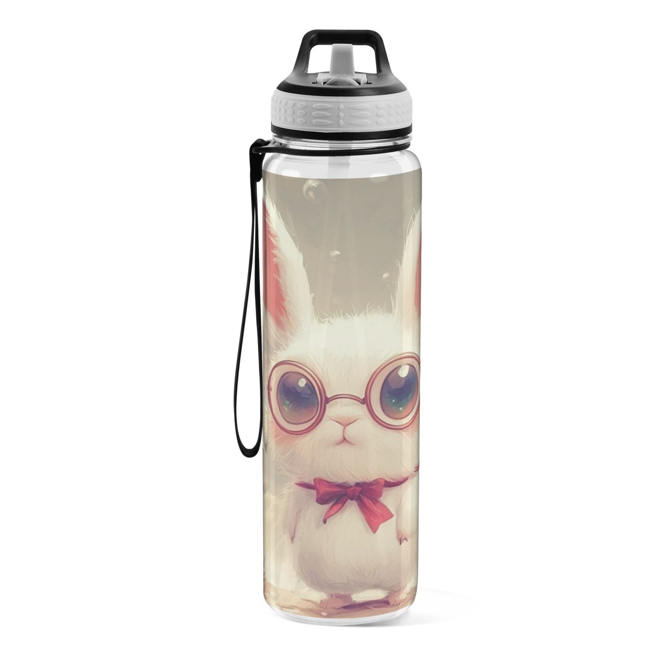 Sports Water Bottle 1000ML Tritan Food Grade Clear Water Bottle Fitness Outdoor Sports Bike Cartoon Rabbit with Glasses