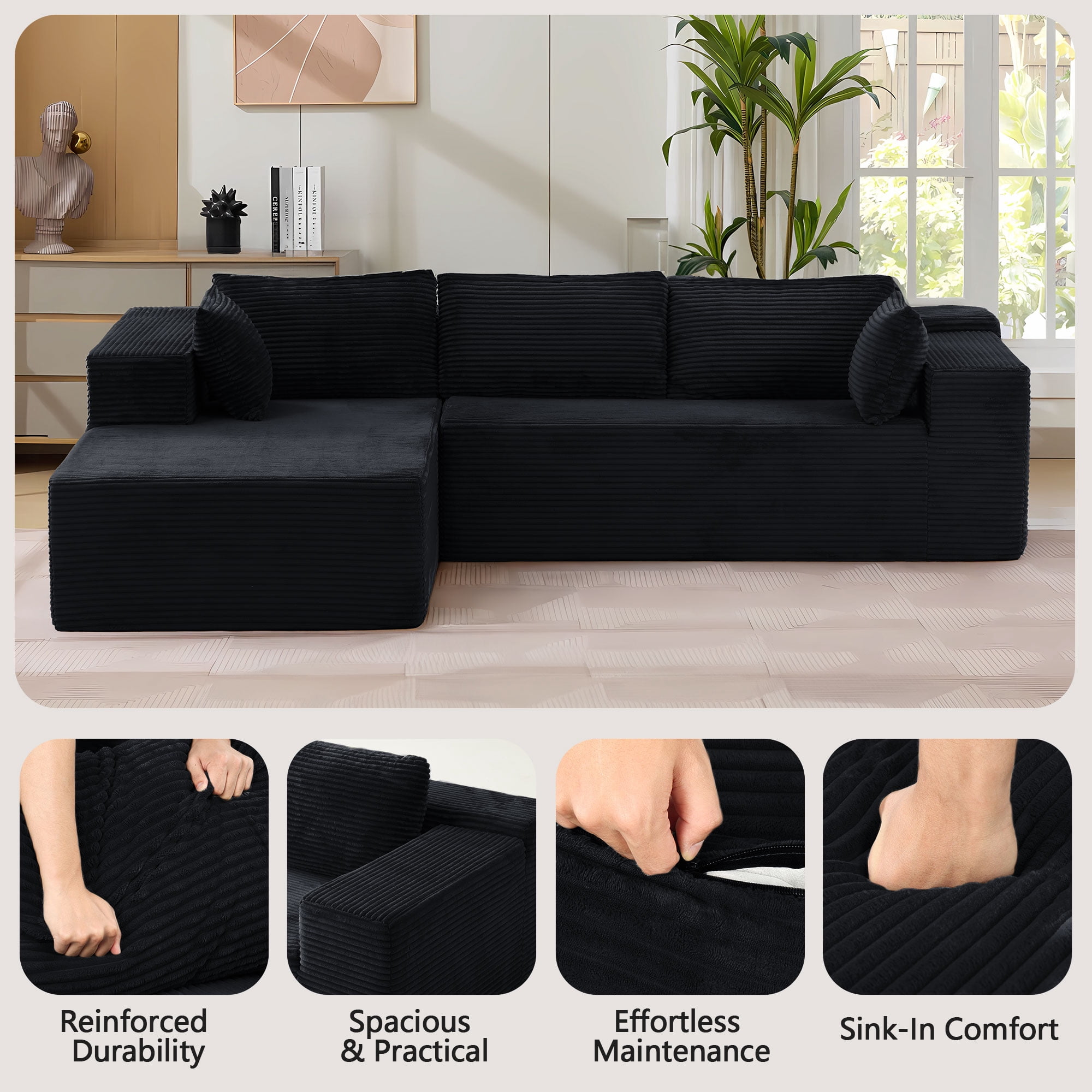 ROOMARK 104.3" L Shaped Sofa Modular, Corduroy Cloud Couches with Deep Seats &High-Back, Upholstered Couches for Living Room Bedroom with Chaise, No Assembly Required