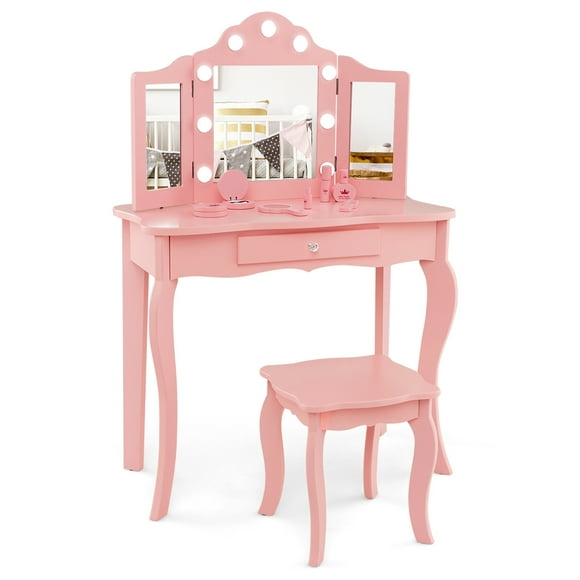 Costway Kid Vanity Table Stool Set Tri-Folding Mirror Adjustable 3-Color LED Lights Pink