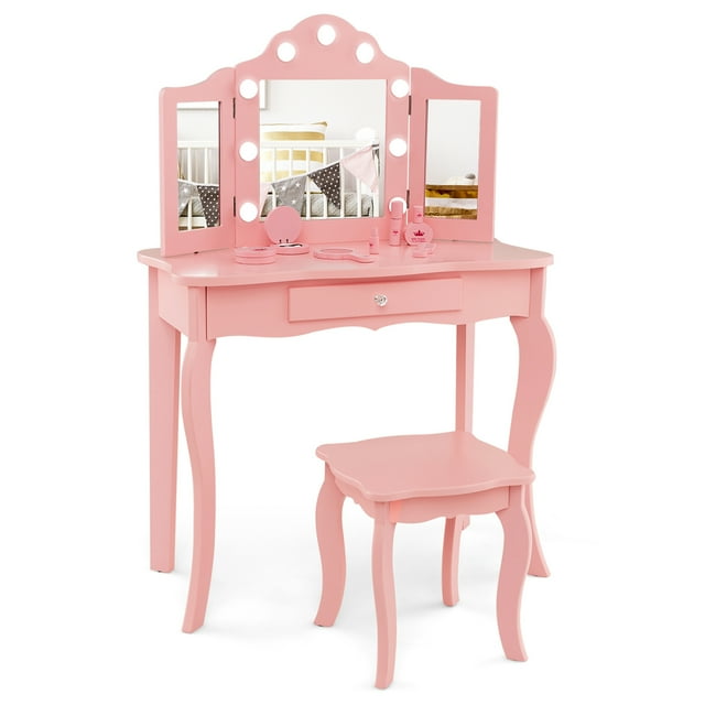 Costway Coiffeuse pour Enfant avec Tabouret, Miroir Tri-Pliable, Lumières DEL 3 Couleurs Réglables, Rose