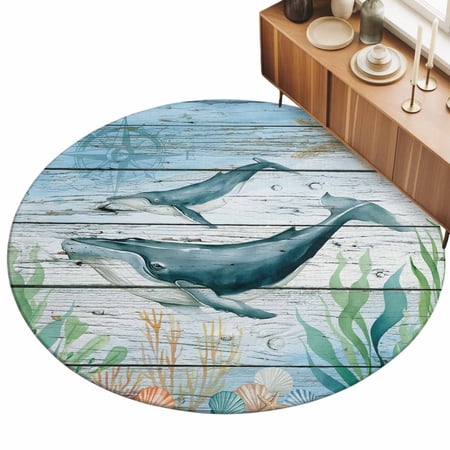Ocean Whale Area Rugs 3.3 (Round) Coral Starfish Vintage Wood Texture Floor Rug Non Slip Low Pile Ultra Soft Throw Carpet for Entryway Indoor Entrance Kitchen Bathroom