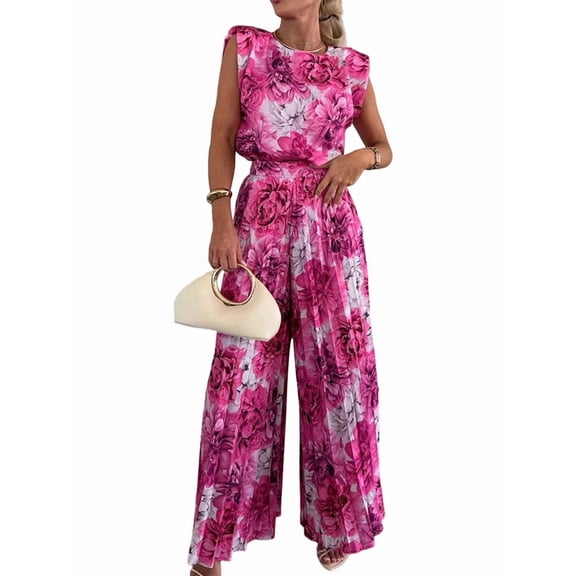 Lounge Sets for Women Two Piece Outfits Knit Cap Sleeve Tops Wide Leg Pleated Pants Rose Red S