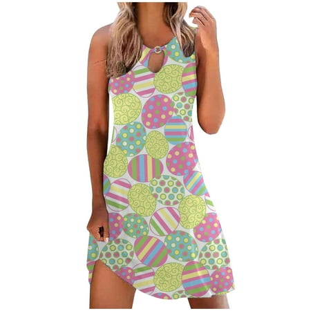 

jsaierl Easter Dress for Women Bunny Egg Graphic Summer Dresses Flowy Sleeveless Midi Dress Resort Wear Tank Dresses Happy Easter Gift for Women