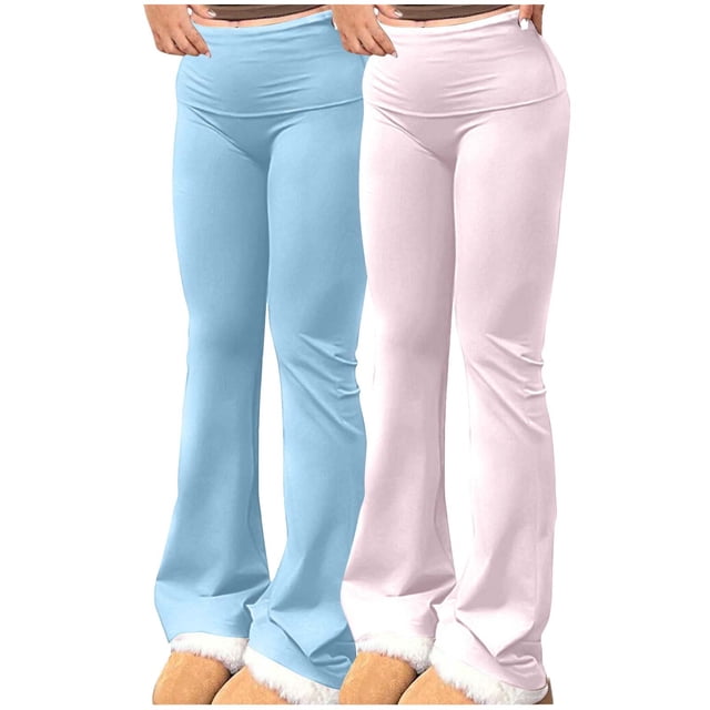 Posijego 2 Pack Flare Pants for Women High Waisted Stretchy Bootcut Leggings Solid Color Bell Bottom Sweatpants