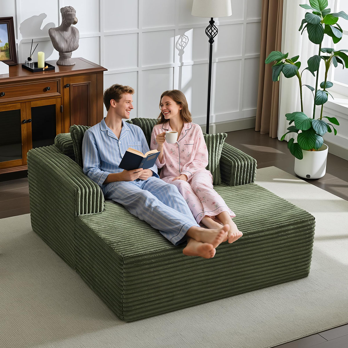 Danolapsi 54.3" Oversized Chaise Lounge,Wide Boneless Corduroy Loveseat with 4 Pillows, Armrests, Comfy Fluffy Reading Couch, No Assembly Required Deep Seat Sofa for Living Room, Bedroom, Office