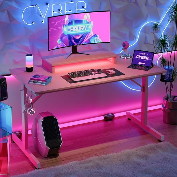 XH 42 inch Pink Gaming Desk with Monitor Stand, LED Computer Desk, Gamer Workstation with Cup Holder & Headset Hooks, Modern Simple Style Desk for Girls Kids
