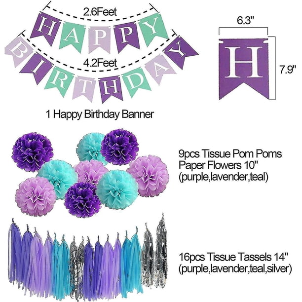 Decoraciones para fiesta de cumpleaños de damas para niñas, 52 suministros para fiesta de cumpleaños de sirena, pancartas de feliz cumpleaños, globos, pompones ShuxiuWang 8390611605810