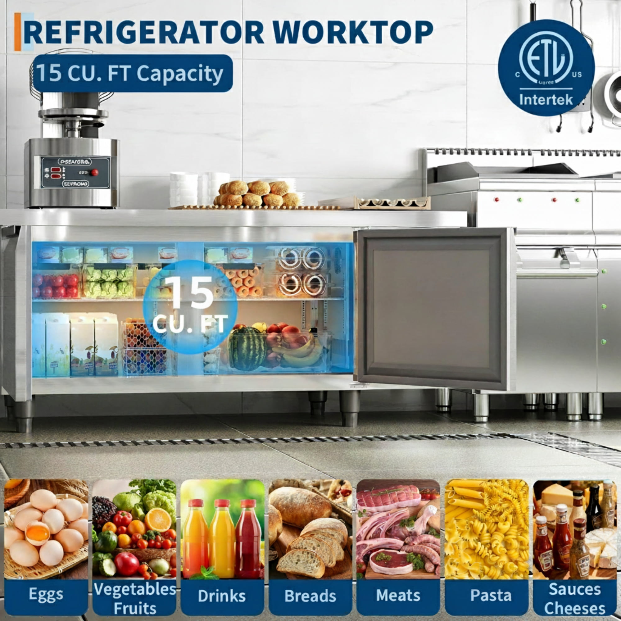Garvee 60" Commercial Fridge, 15 Cu.ft Stainless Steel Undercounter Refrigerators with 2 Door and LED Display for Restaurant, Kitchen