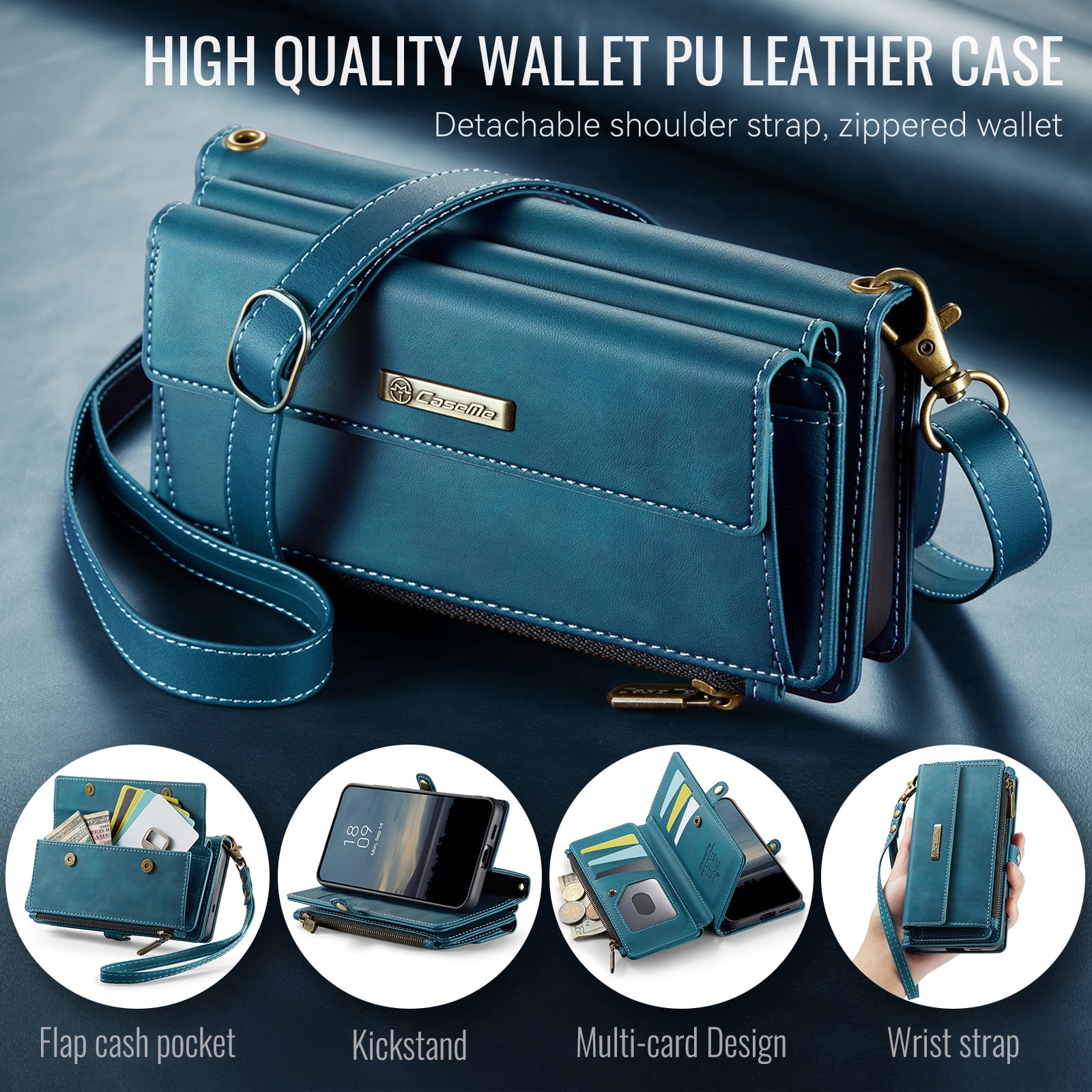 Decase Wallet Case for iPhone 14 Plus,Magnetic Flip Zipper Pocket PU Leather Phone Cover,Crossbody Flip Cover with RFID Card Slots,Green
