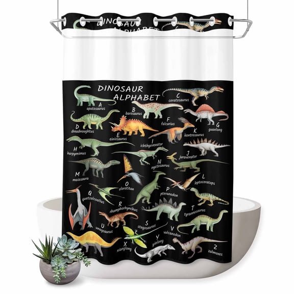 No Hook Shower Curtain, Black Dinosaur Shower Curtains for Bathroom with See Through Top Window, Vintage Letters Farm Animals Waterproof & Washable Bath Curtain Extra Long 72"x84"
