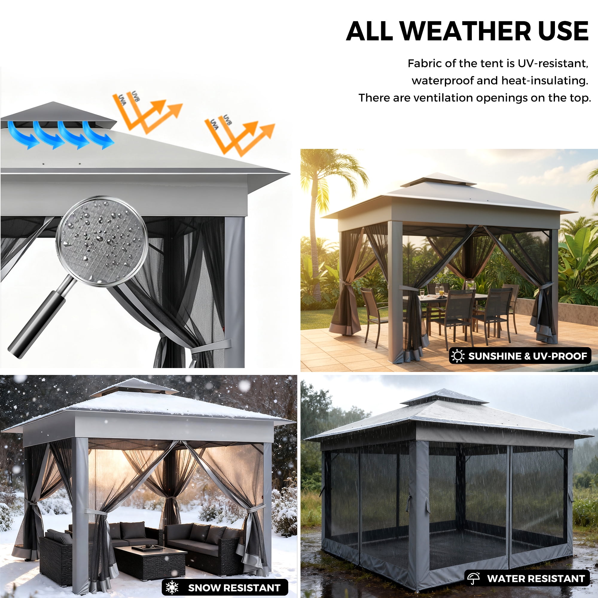 Advwin 11x11 Pop Up Gazebo Tent with Netting, Instant Outdoor Canopy Shelter with Wheeled Carry Bag, Double Roof Vent, 3 Adjustable Heights, Portable Canopy for Patio,Gray