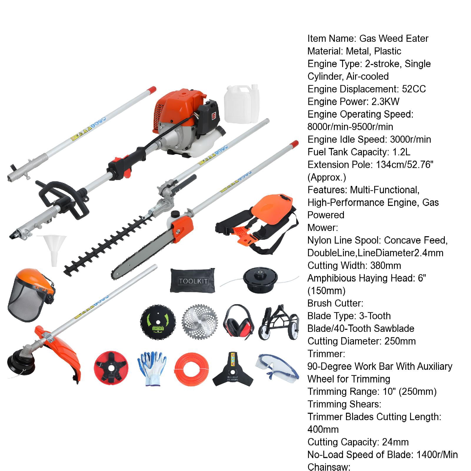 AquaAurix 8-in-1-String-Trimmer-Chainsaw , 52CC 2-Cycle Powered Weed Eaters Gas, String Trimmer, Brush Cutter, Edger, Pole Saw Chainsaw Pruner with Extension Pole
