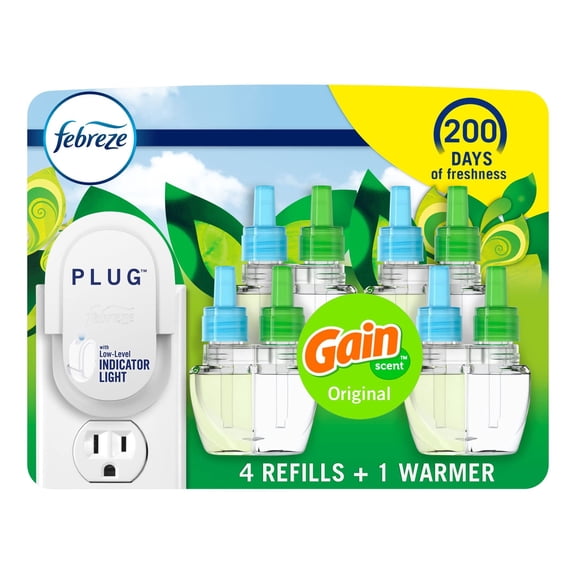 Febreze Plug-In Air Freshener, Odor-Fighting Scented Oil Starter Kit, Air Fresheners for Home, Bathroom and Kitchen, Long Lasting, Gain Original Scent, Warmer 4 Refill, Multicolor