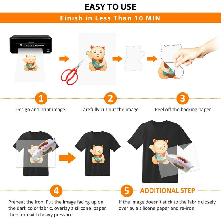 A-sub Inkjet Printable Iron on Heat Transfer Paper for Dark Fabrics, 20 Sheets 8.5x11 inch, Make Custom T Shirts, Totes, Bags