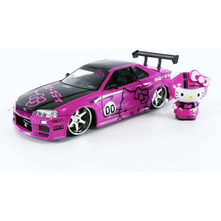 Jada Toys 2002 Nissan Skyline GT-R (BNR34) RHD (Right Hand Drive) Pink Metallic and Black with Hello Kitty Diecast Figurine 1/24 Diecast Model Car