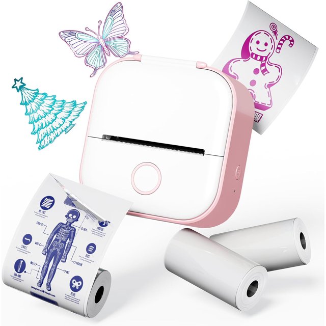 T Mini Sticker Printer Transparent Thermal Paper Portable Thermal Printer Inkless Printer Sticker Maker with Rolls Paper for Memo Travel Study Notes Office Festival Gifts Pink