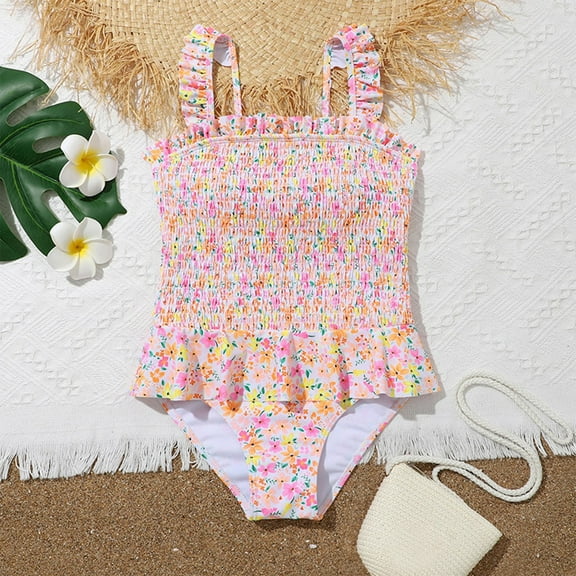 Wancir 6-12 Years Girl's One Piece Swimsuit Ditsy Floral Tie Side Cut Out Back Bathing Suit