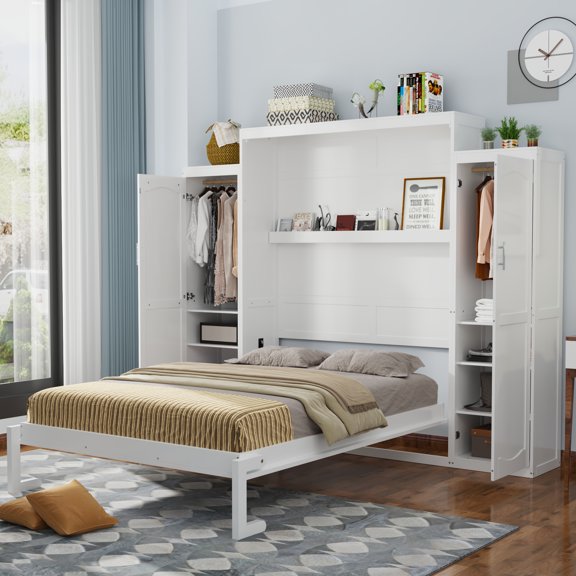 MODERNLUXE Full Size Murphy Bed,103.89" Large Murphy Bed Wall Bed with 2 Wardrobes and Storage Shelf,Space-Saving for Multipurpose Guest Room or Home Office, White