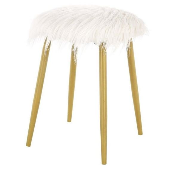 Carolina Classics Madison Faux Fur and Metal Ottoman in White Fur and Gold