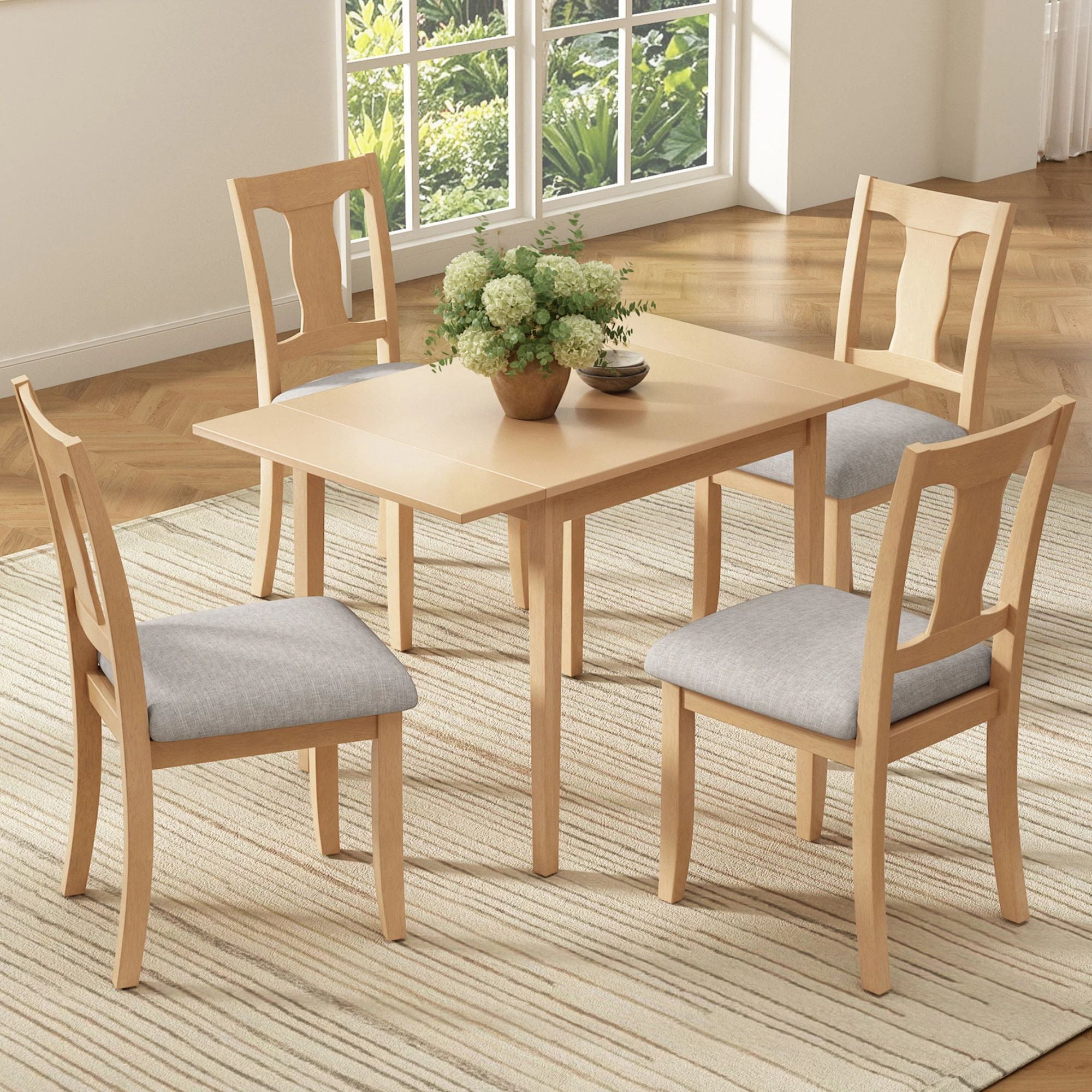 Euroco 5-Piece Dining Table Set for 4, 45.67" Extendable Kitchen Table Set with Drop Leaf and 4 Upholstered Chairs,Dining Room Set for Small Space,Natural