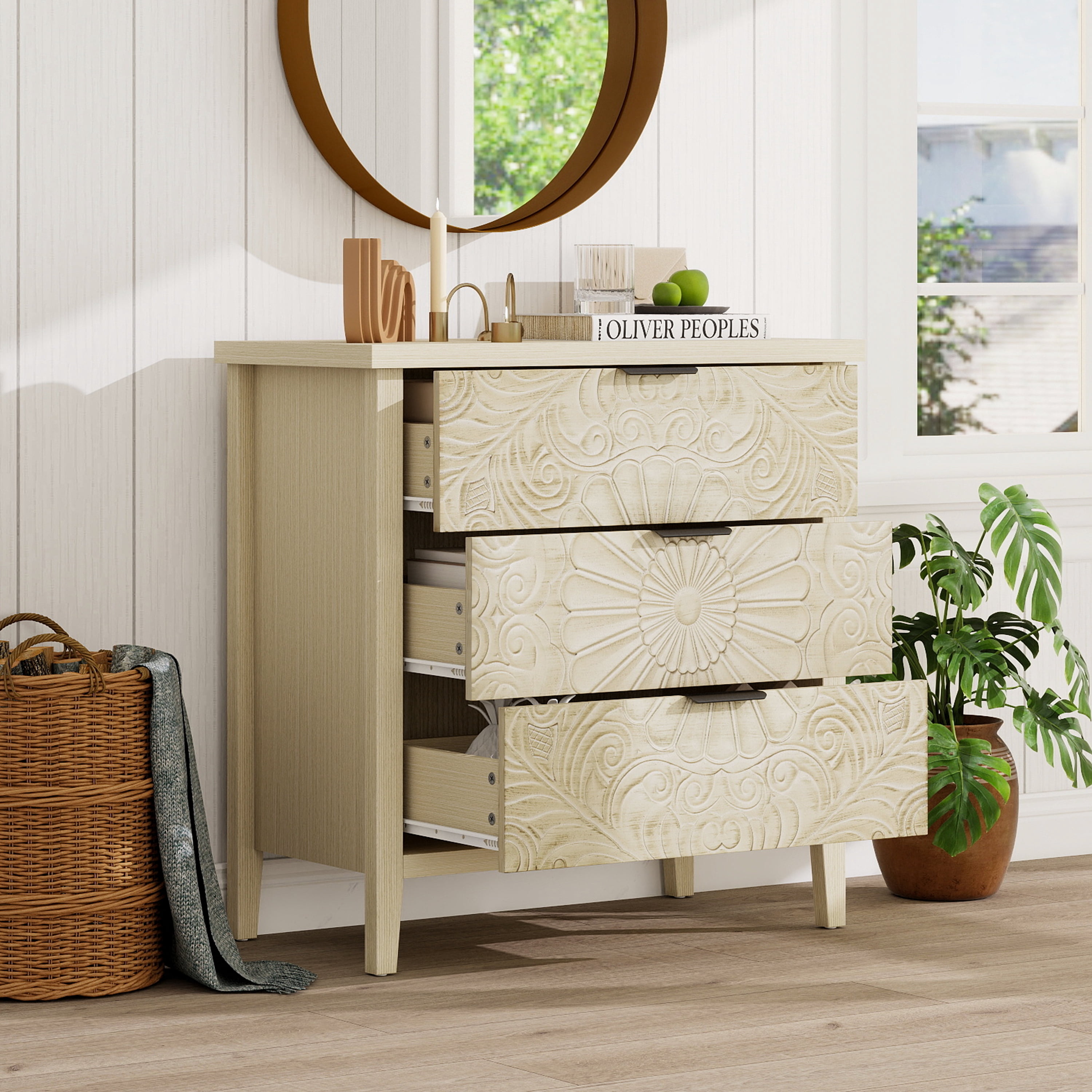 BSHTI 3-Drawer Farmhouse Cabinet – Rustic Storage Chest with Smooth-Gliding Drawers, Anti-Tip Safety, for Bedroom, Living Room, Study, Brown