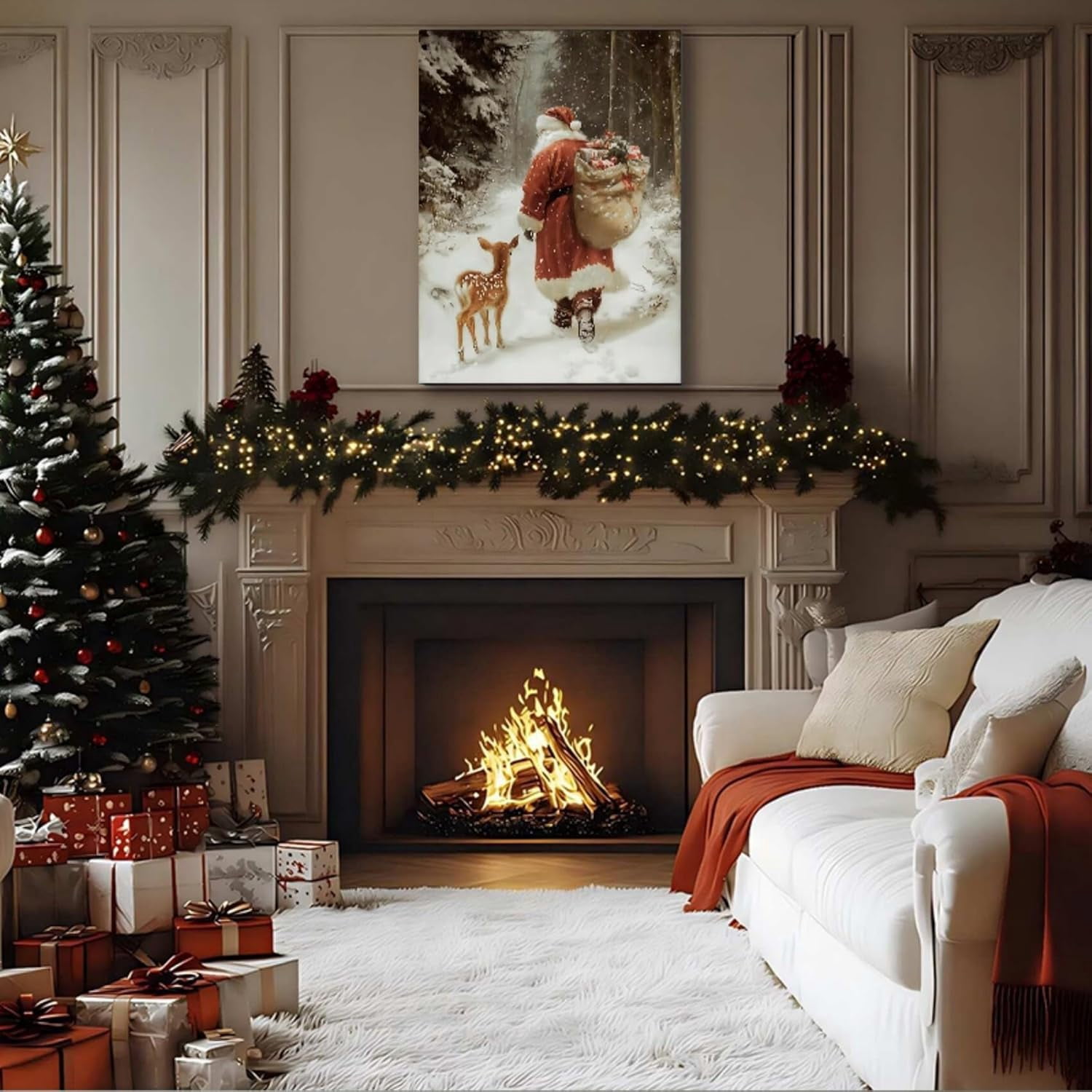 Christmas Wall Art, Santa Claus & Deer Canvas Prints, Christmas Pictures Wall Decor for Living Room & Bathroom, Holiday Painting for Bedroom Party Winter Cottage Artworks Gifts