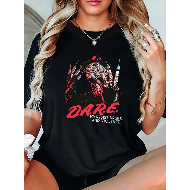 Women's Casual Round Neck Short Sleeve T-Shirt, Fashionable Zombie Graphic, Comfortable Summer Top, Polyester Knit, All-Season, Letter Print, Ladies Leisure Sportswear