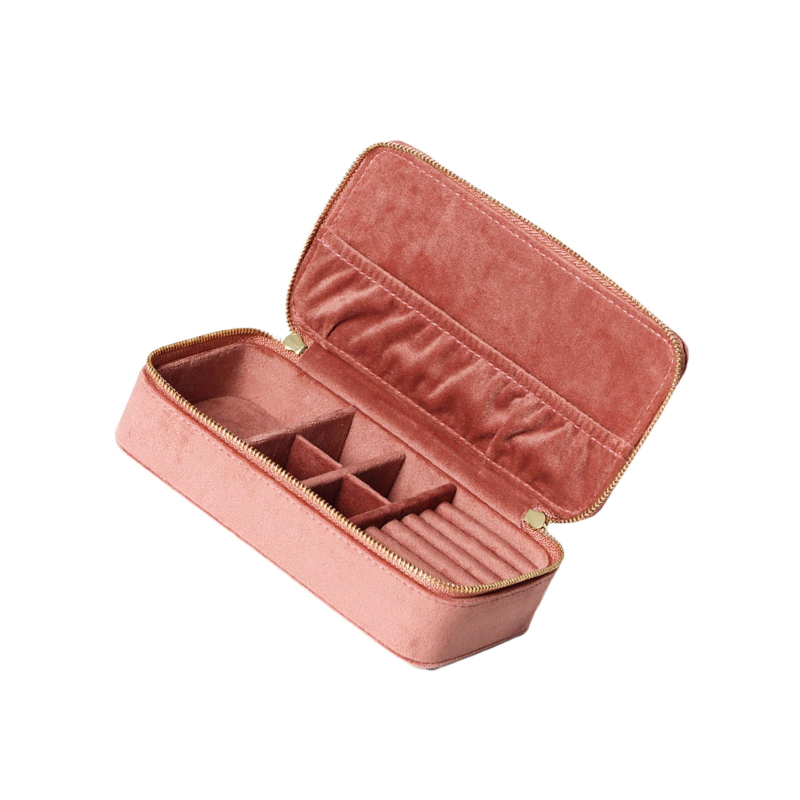 FVDPWYE Jewelry Box Organizer Dual Zippers Removable Partition Traveling Portable Velvet Pink
