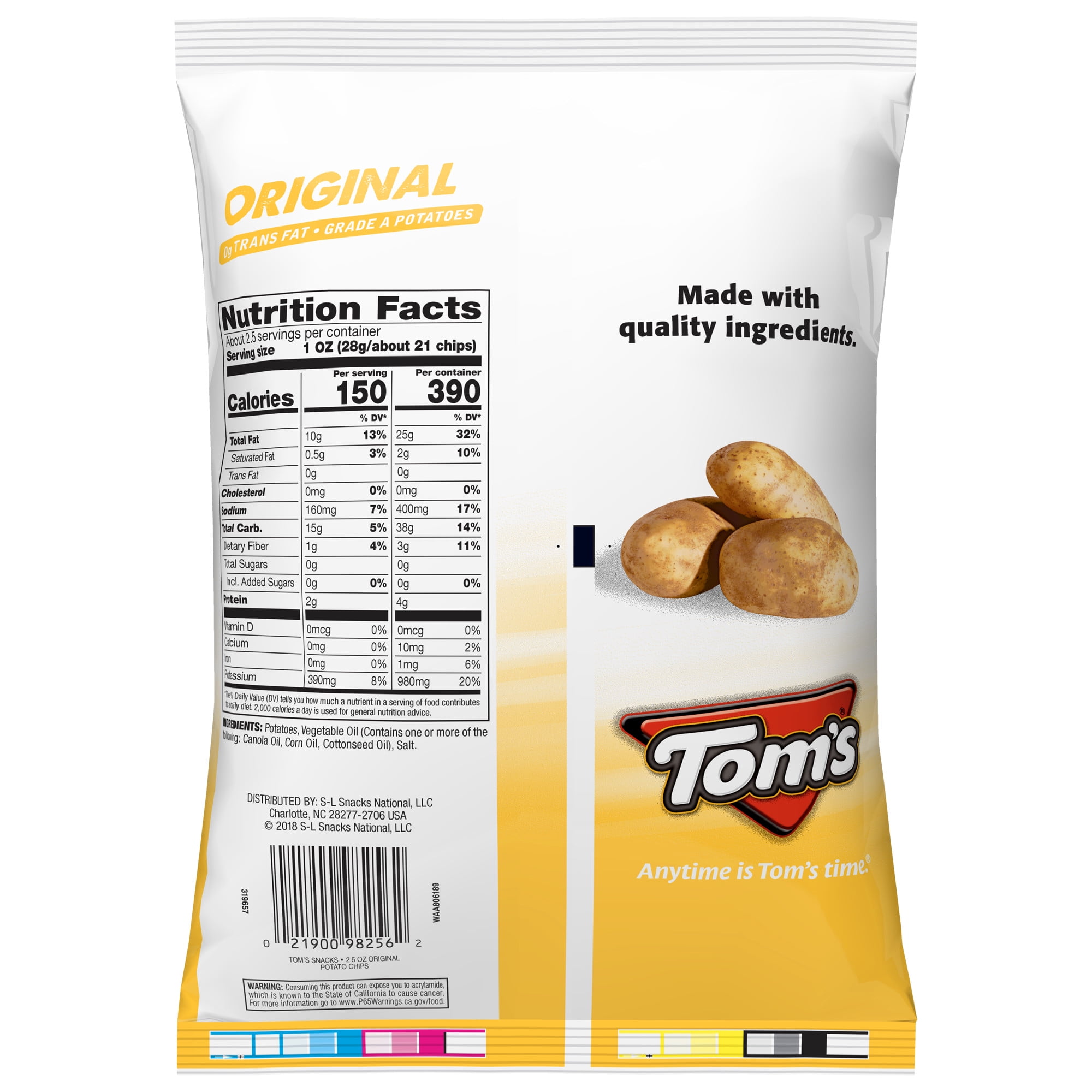 Tom's Potato Chips, Plain, 2.5 oz Snack Bag